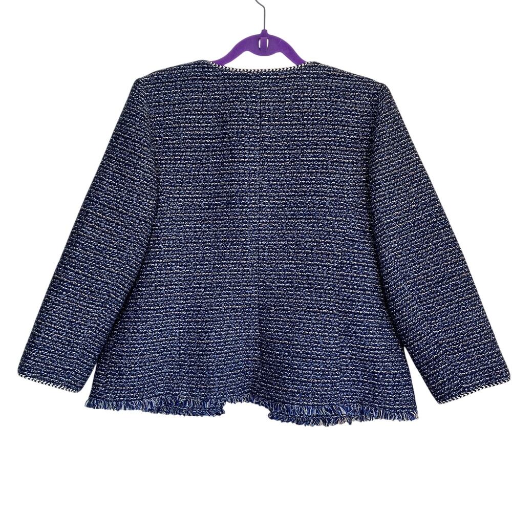 Talbots Sz 12 Airy Tweed Woven Jacket Open Front Fringe Trim Navy Classic - Picture 5 of 16